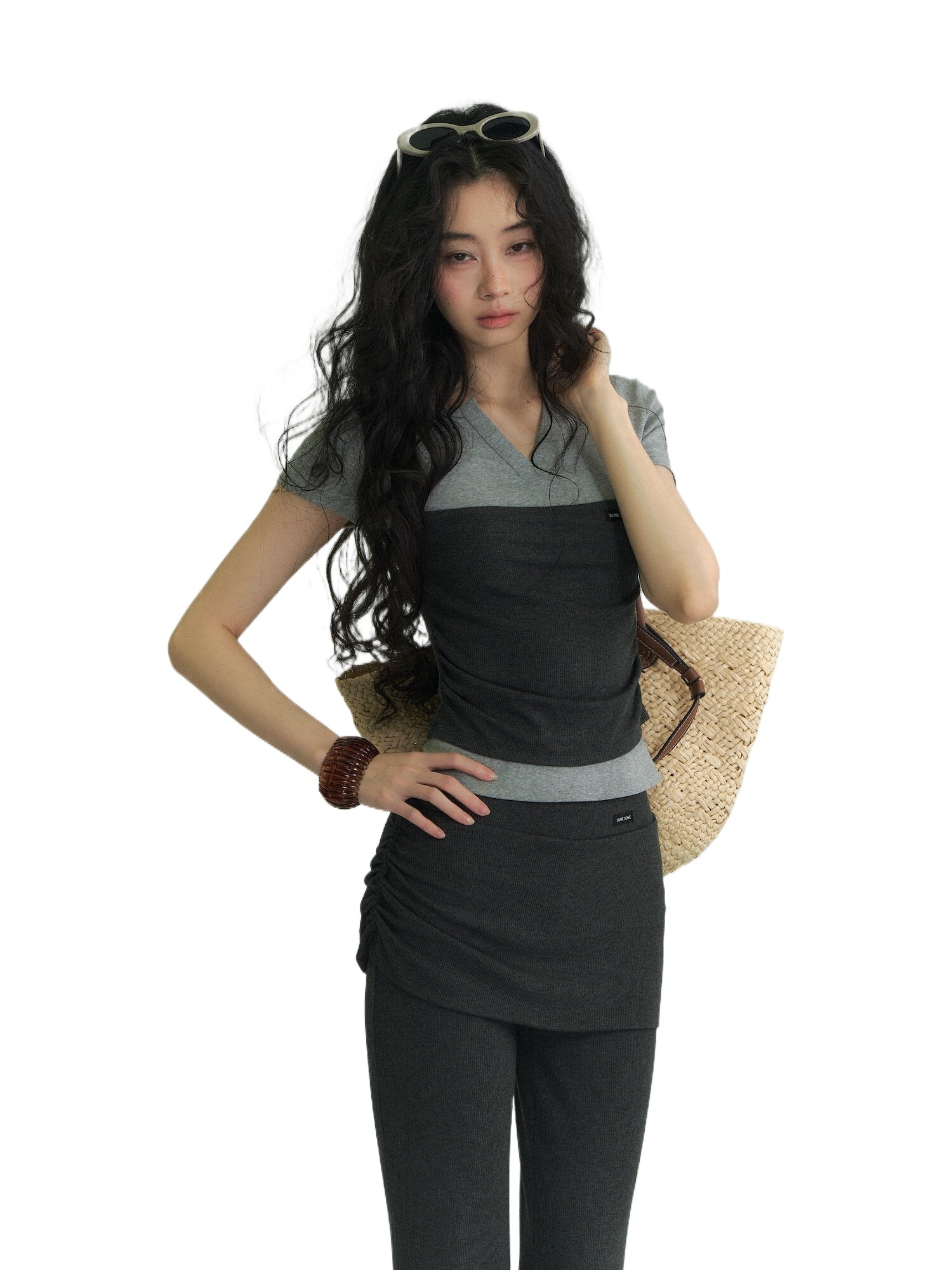 Gray Layered V Tee &amp; Pants Set