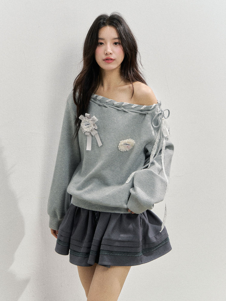 Off The Shoulder Brooch Sweatshirt