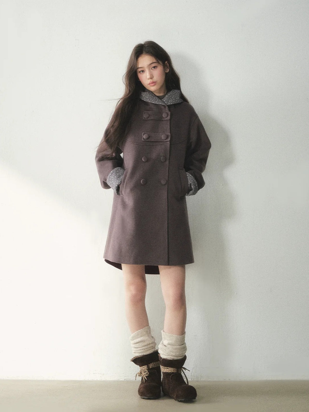 Double-Breasted Floral Hooded Wool Coat