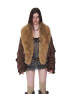 Brown Faux-Fur Collar Bomber Jacket