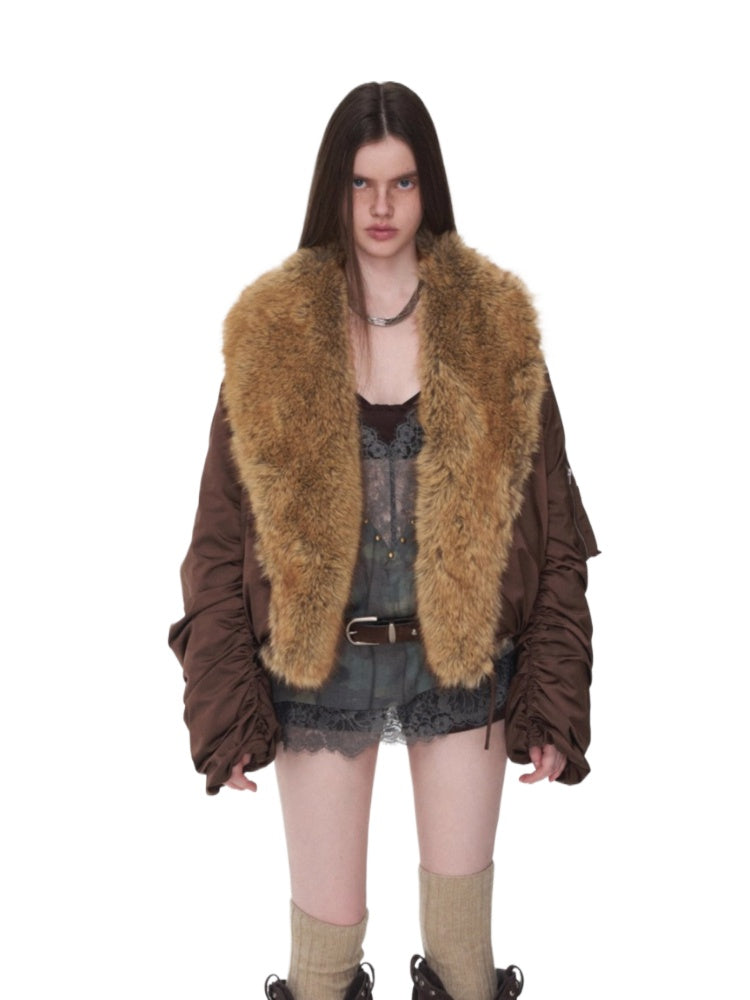 Brown Faux-Fur Collar Bomber Jacket