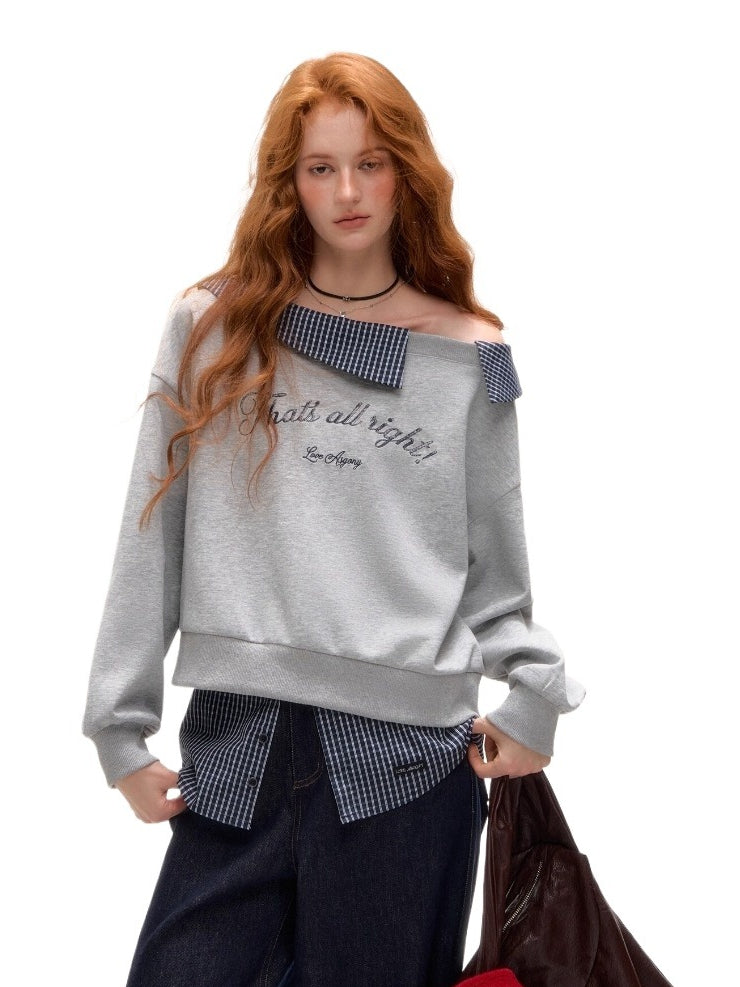 Plaid Embroidery Off-Shoulder Sweatshirt