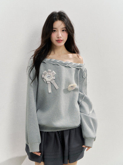 Off The Shoulder Brooch Sweatshirt