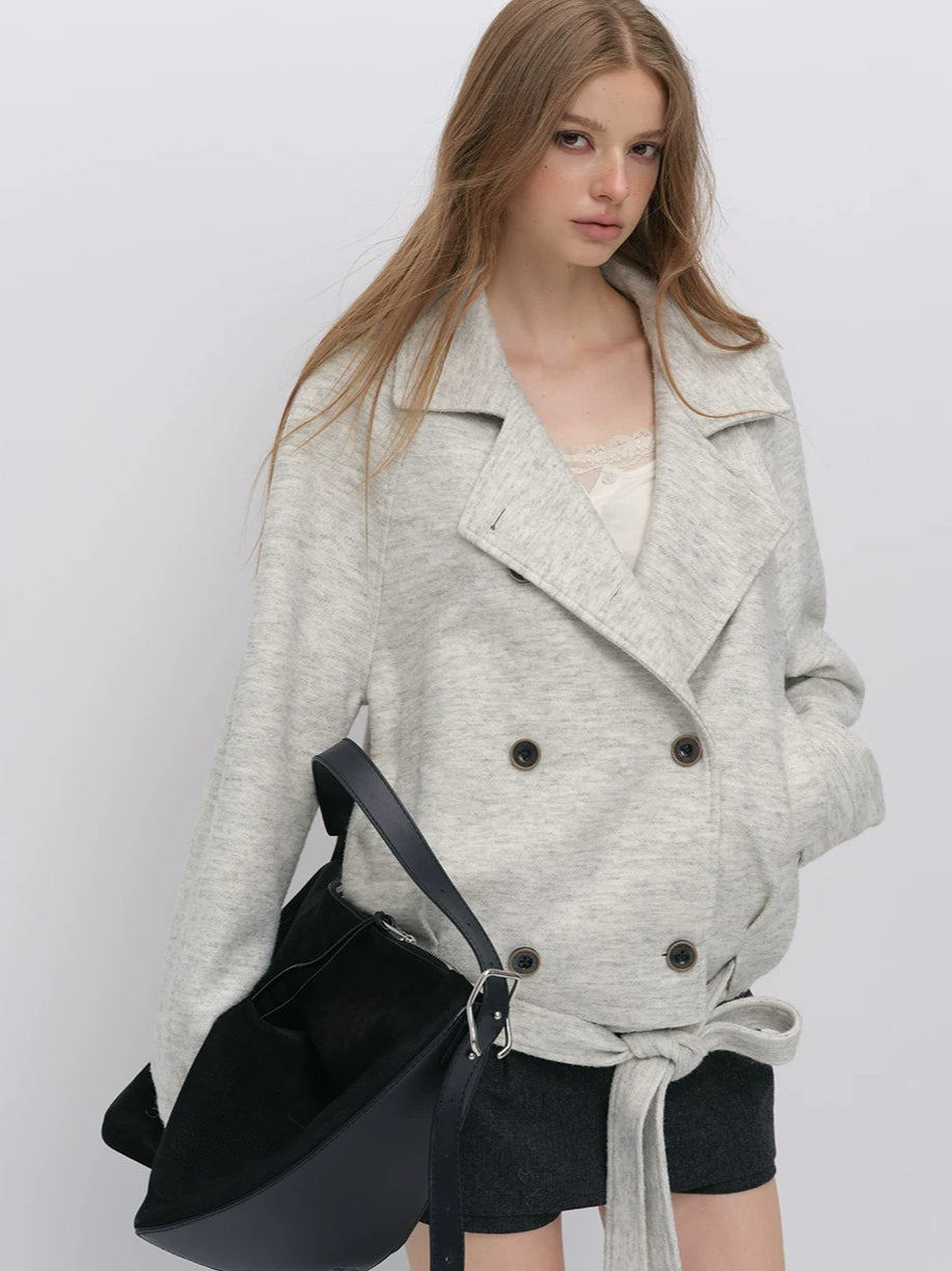 Cropped Wool-Blend Wrap Coat