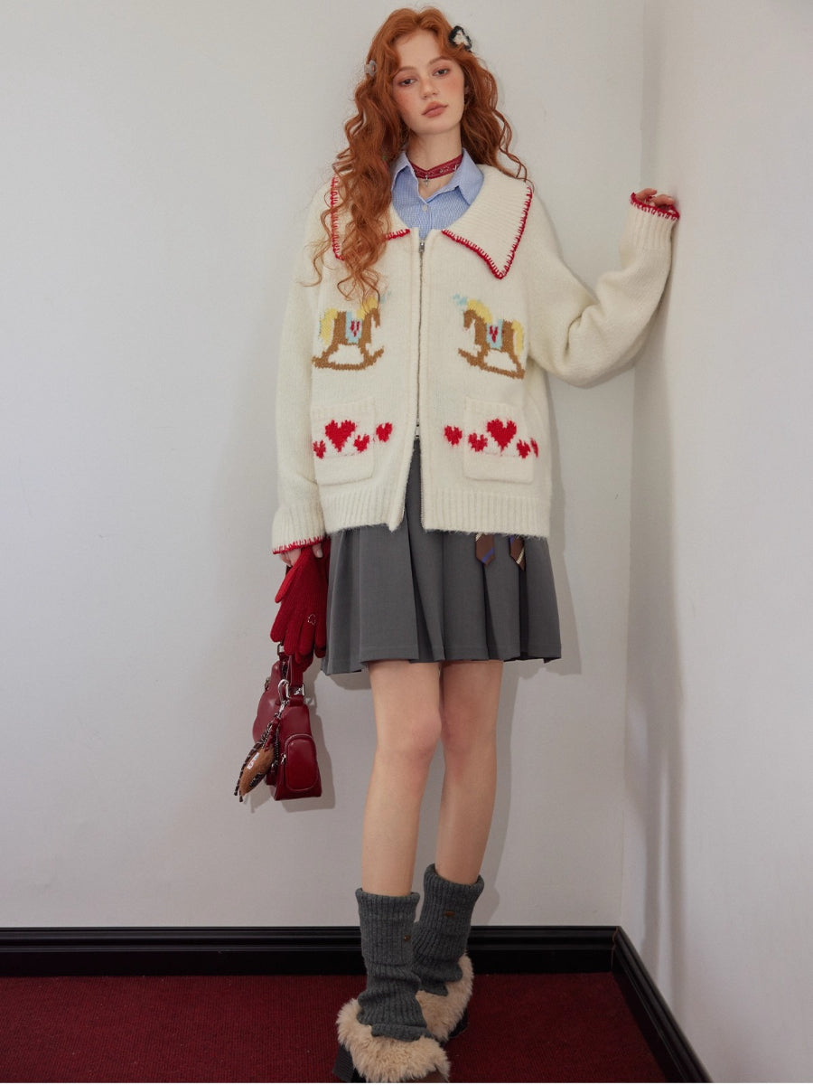Contrast-Trim Horse Jacquard Knit Zip Cardigan