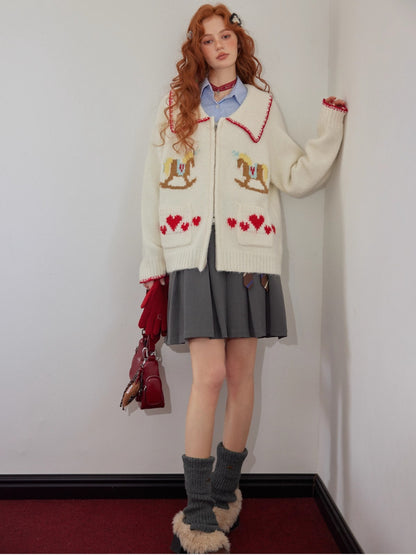 Contrast-Trim Horse Jacquard Knit Zip Cardigan