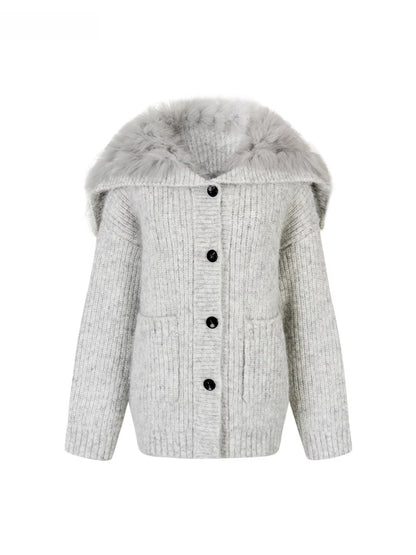 Fox Fur Large Notch Collar Cardigan
