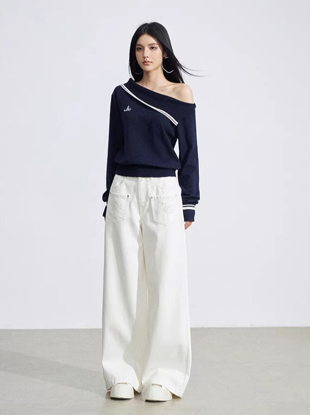 Beige Embroidered Pocket Jeans