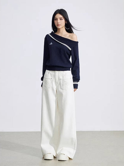 Beige Embroidered Pocket Jeans