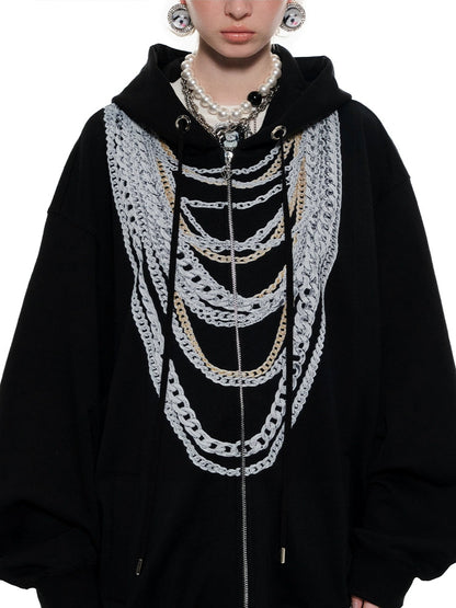 Black &amp; White Oversized Chain Print Hoodie Cardigan