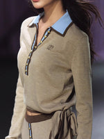 Contrast Tie-Neck Polo Knit Set