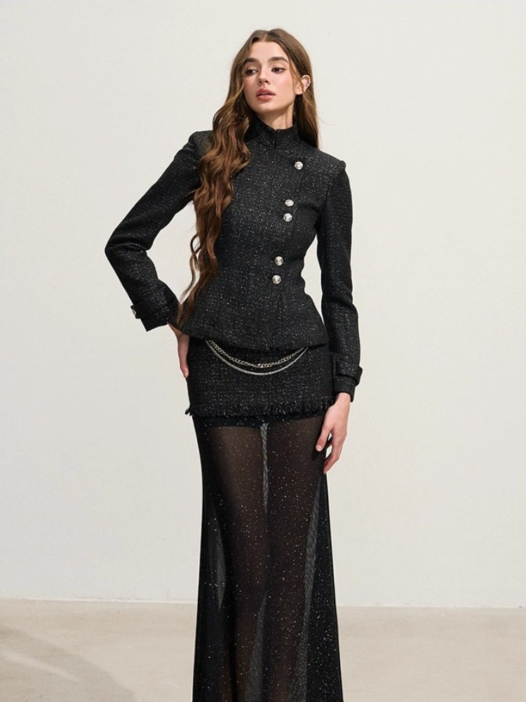 Shimmery Tweed Waist Jacket &amp; Fringe Hem Skirt Set