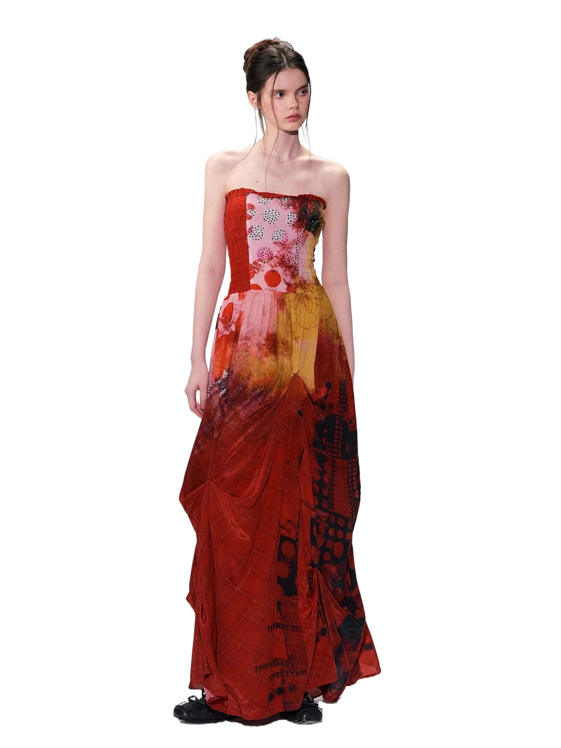 Vintage Red Print Strapless Dress