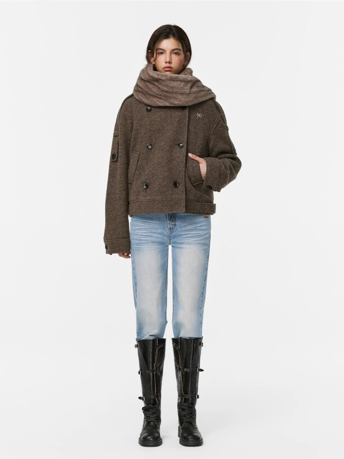 Plush Scarf Double Breasted Wool Coat