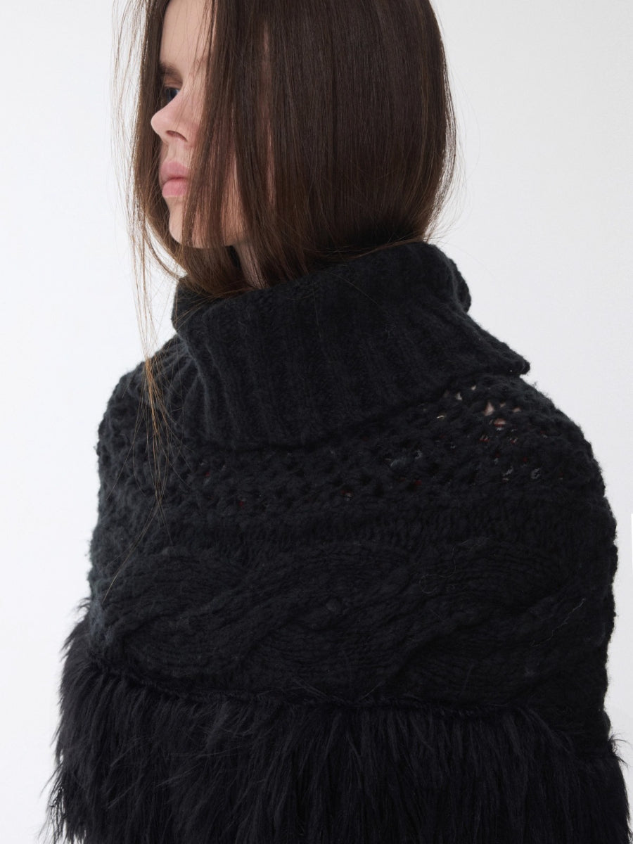 Cable Knit Fringed High-Neck Wool Blend Poncho