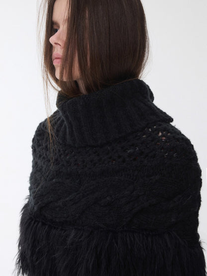 Cable Knit Fringed High-Neck Wool Blend Poncho