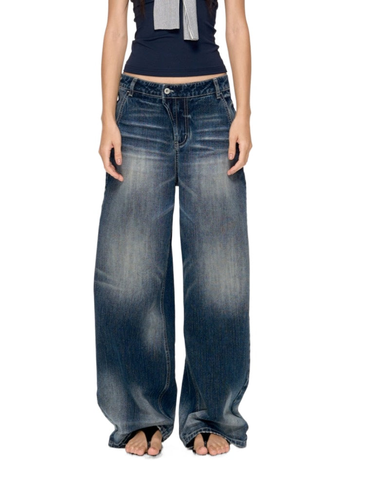 Deep Blue Washed Texture Distressed Denim Jeans