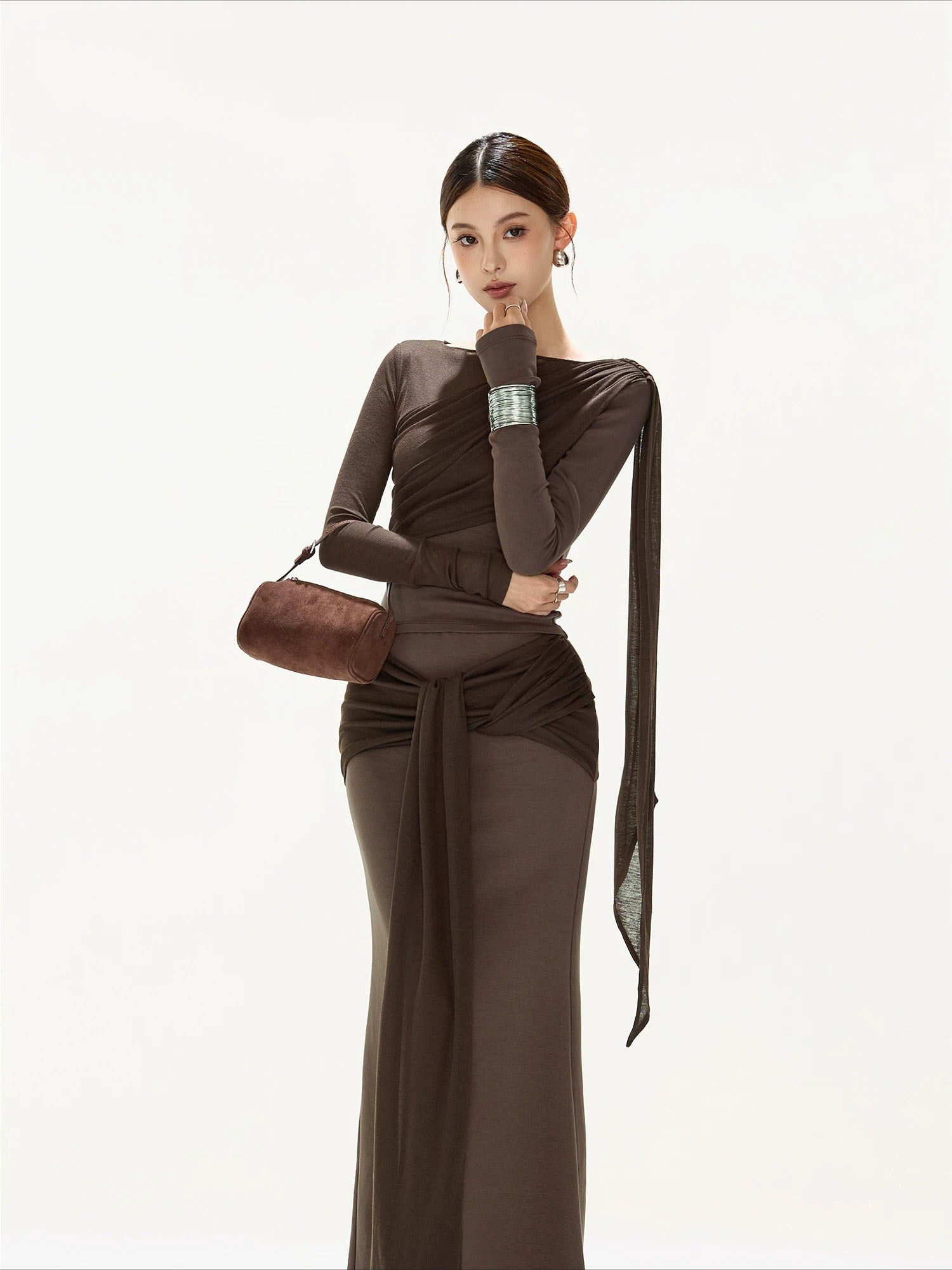 Brown Ruched Knit Blouse &amp; Skirt Set