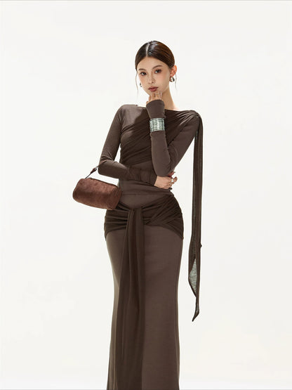 Brown Ruched Knit Blouse &amp; Skirt Set