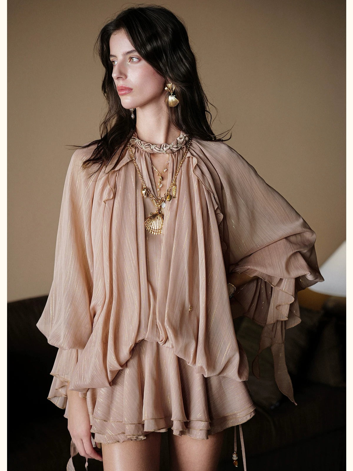 Textured Rope Lantern Sleeve Dress