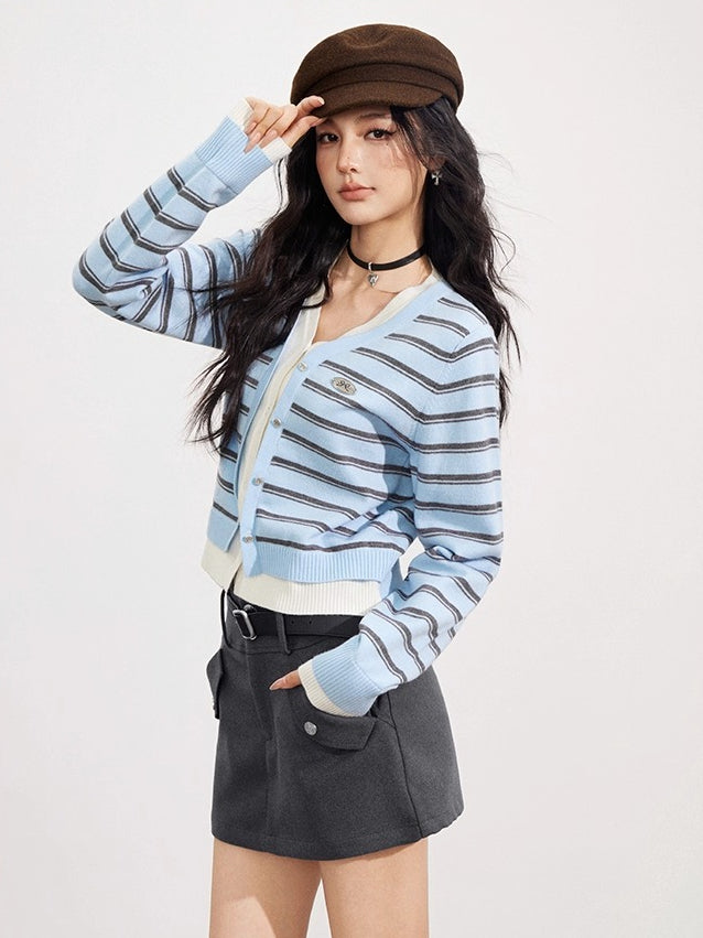 Blue Striped V-Neck Cardigan