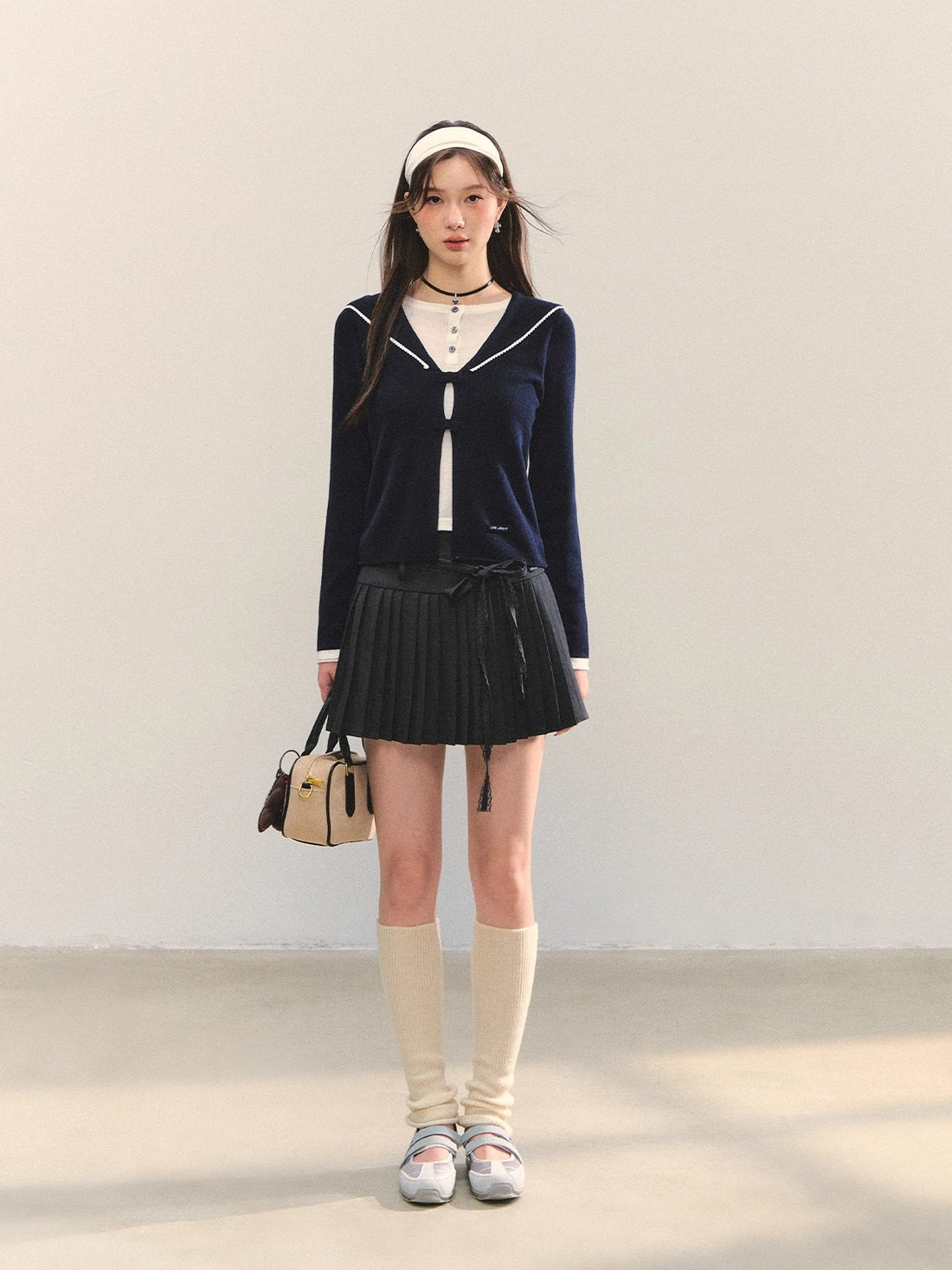 Navy Blue & Gray Sailor-Bow Knit Cardigan