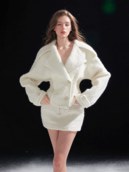 Shearling Collar Waist-Cinching Coat &amp; Wool Skirt Set