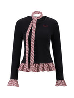 Black Plaid Ruffle Long-Sleeve Top