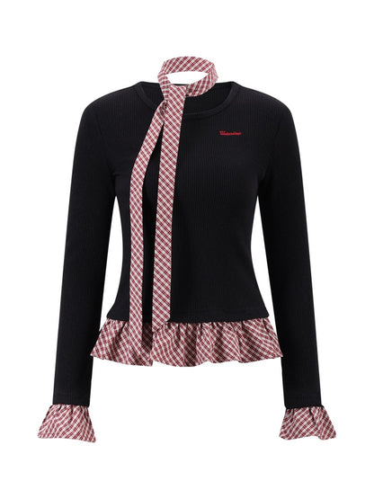 Black Plaid Ruffle Long-Sleeve Top