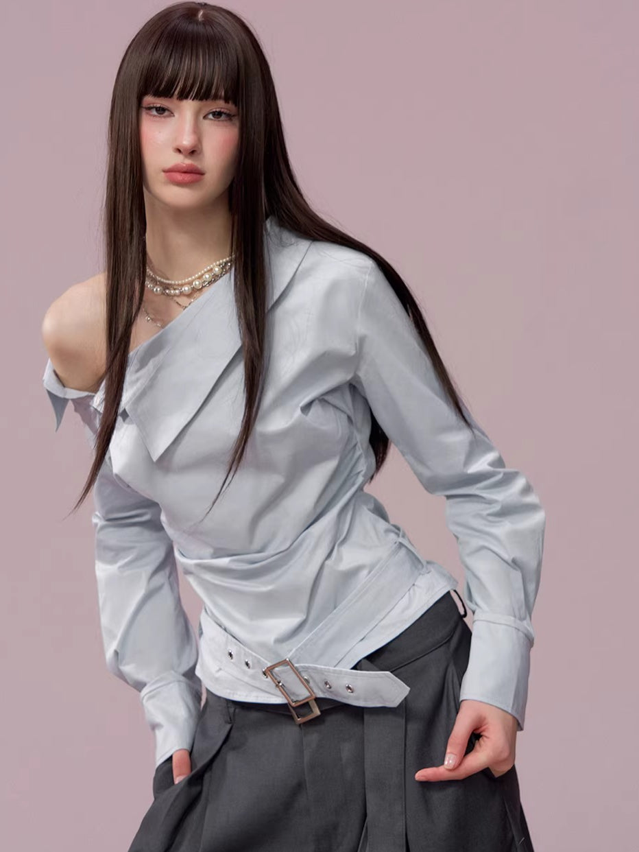 Asymmetrical Ruched Belt Shirt