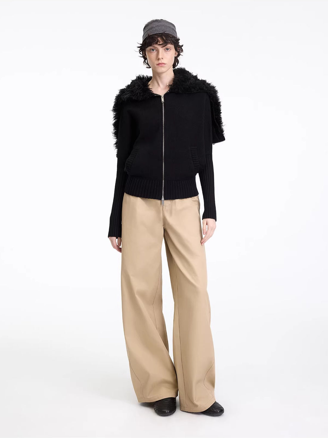 Hooded Fur Collar Knit Cardigan