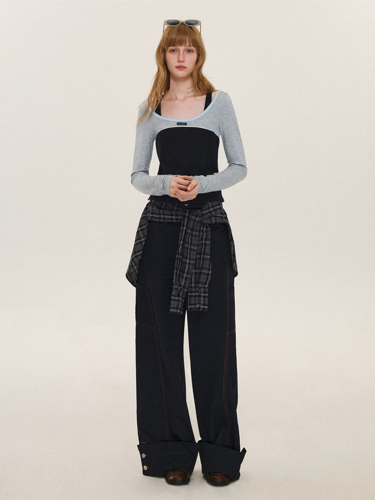 Detachable Plaid Cargo Wide Leg Pants