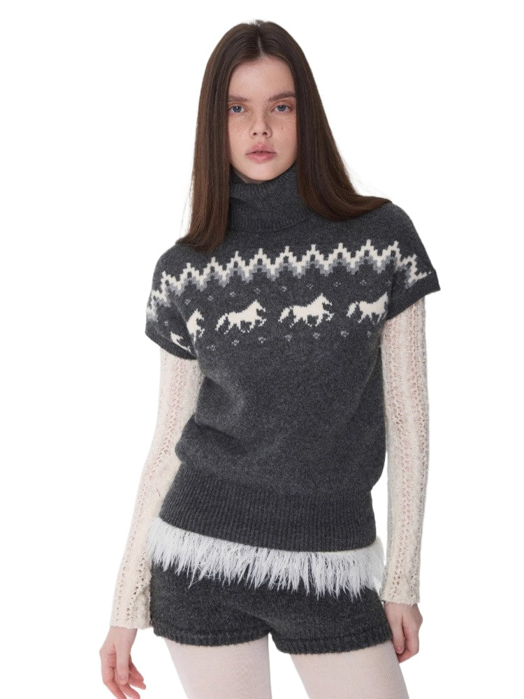 Fair Isle Pony Jacquard Turtleneck Knit Sweater