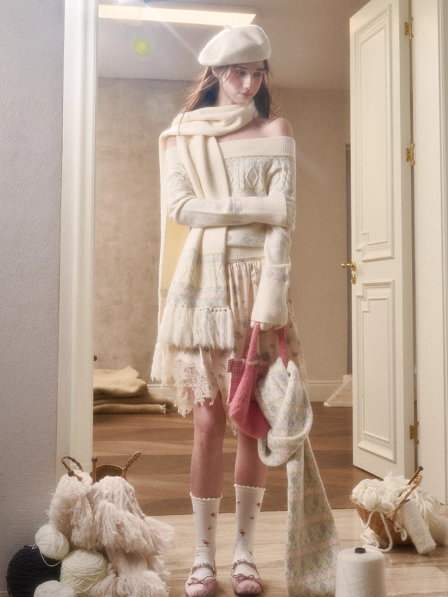 Cosagach Fair Isle Knit Crewneck &amp; Floral Skirt Set