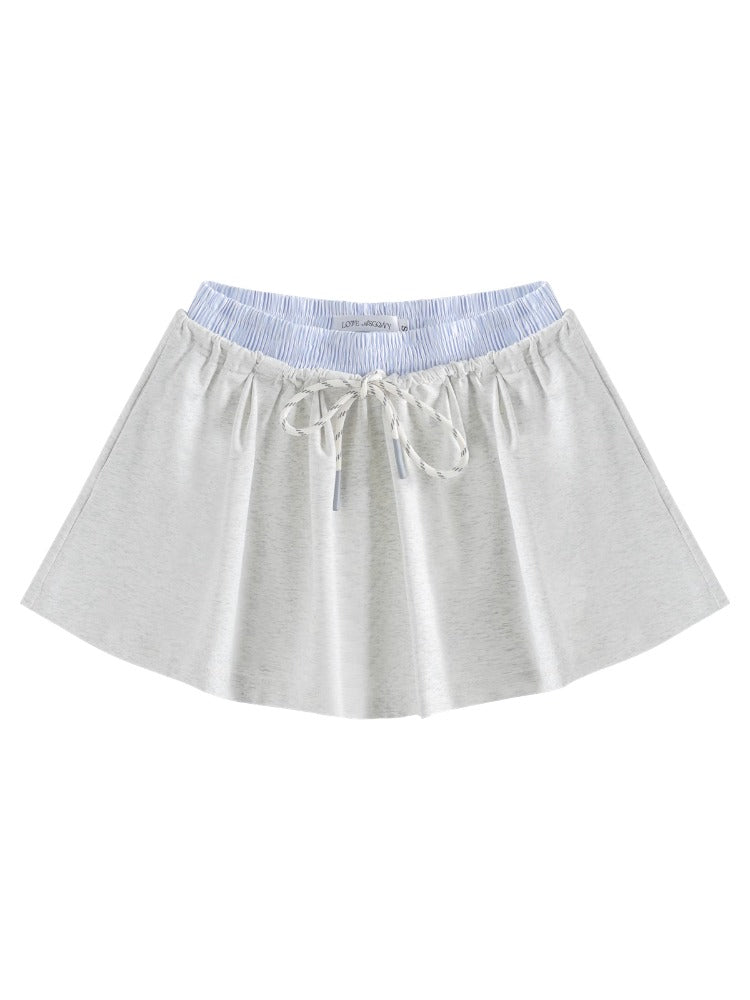 Grey Asymmetric Shoulder Striped Patchwork Short-Sleeve &amp; Skirt Set