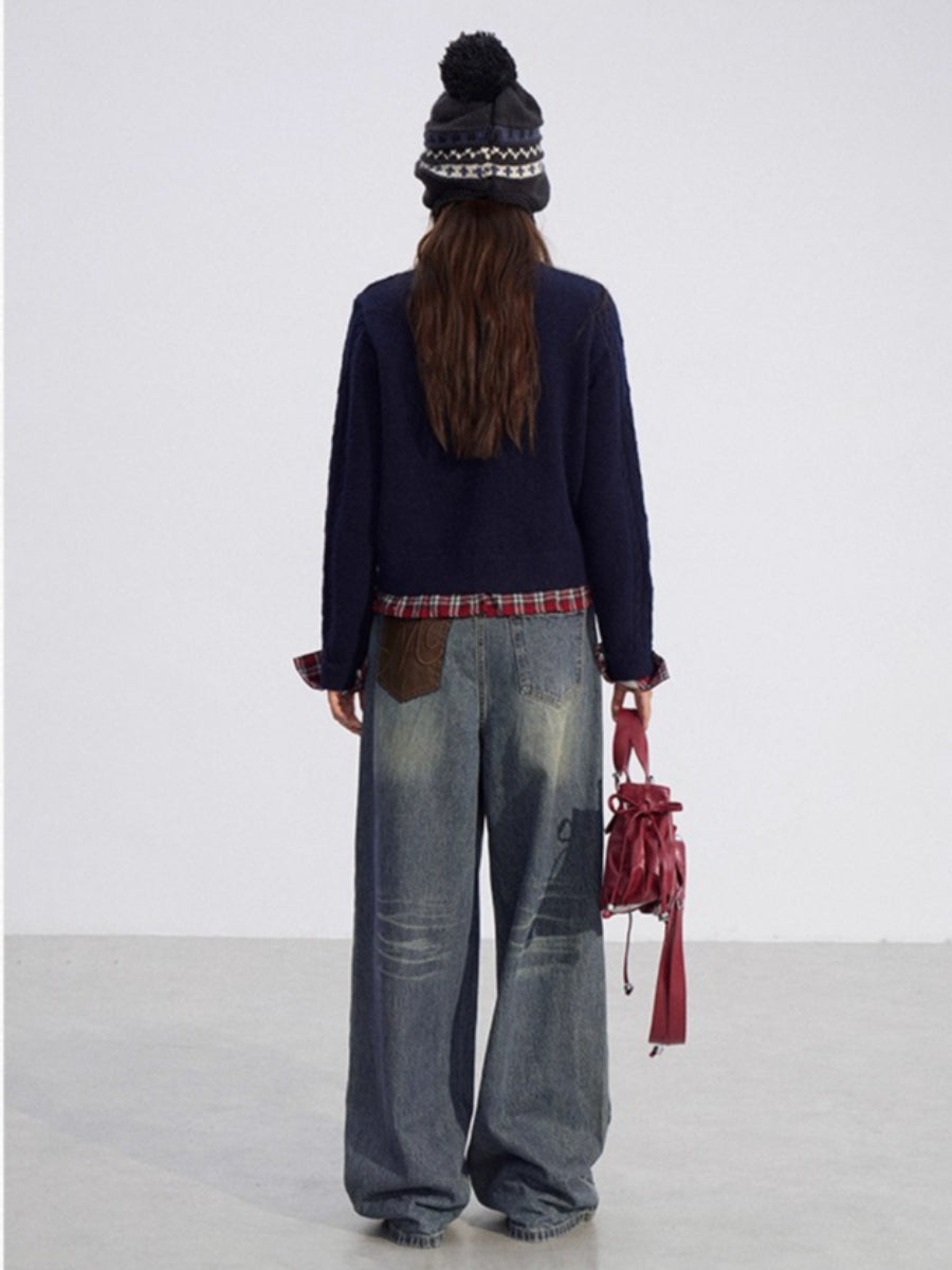 Plaid Trim Knit Cardigan