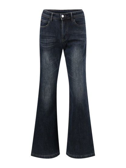 Navy Blue Retro Fleece-lined Flare Pants