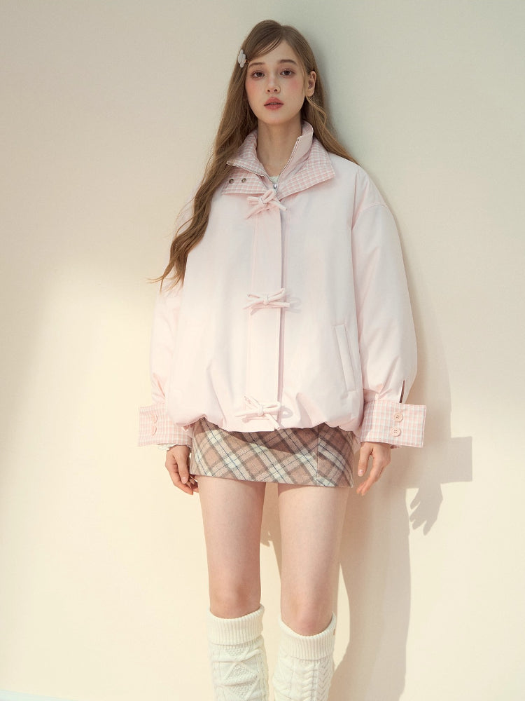 Pink Bow Plaid Down Puffer Jacket