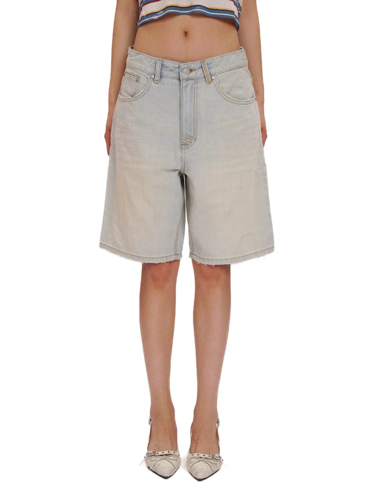 Vintage Washed Pleated Cat Whisker Spray Denim Shorts &amp; Long Pants