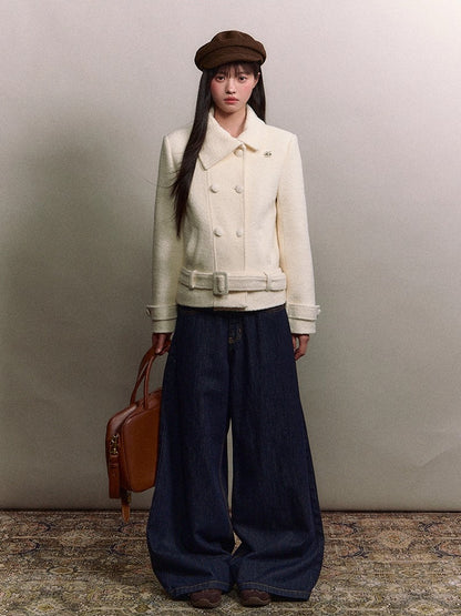 Diagonal Collar Double-Breasted Wool Coat