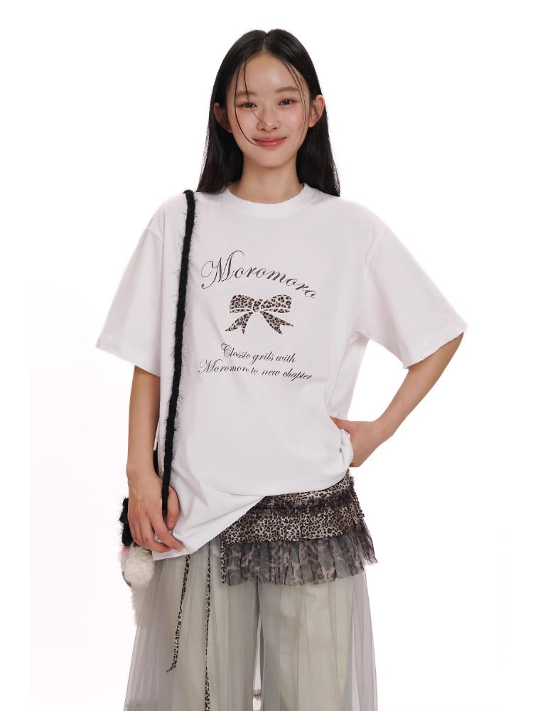 Leopard Print Butterfly Bow Embroidered T-shirt