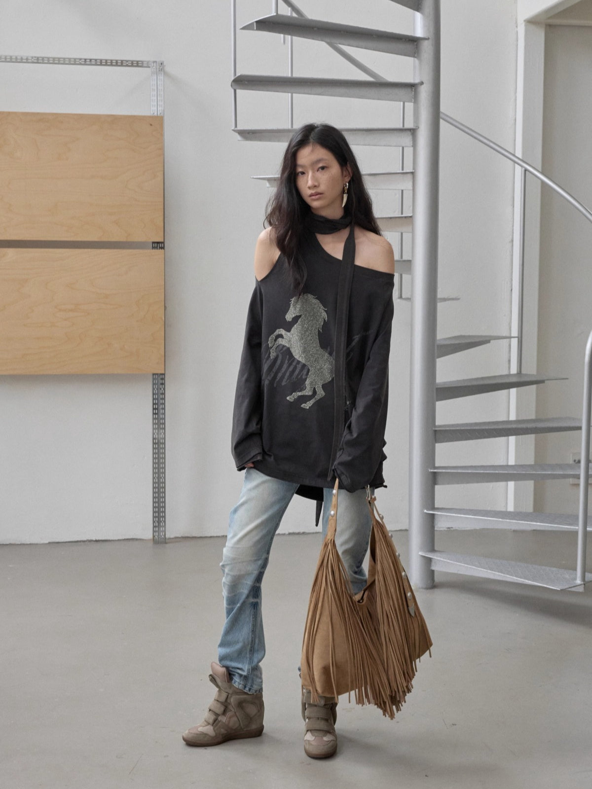 Suede Fringe Stud Tote