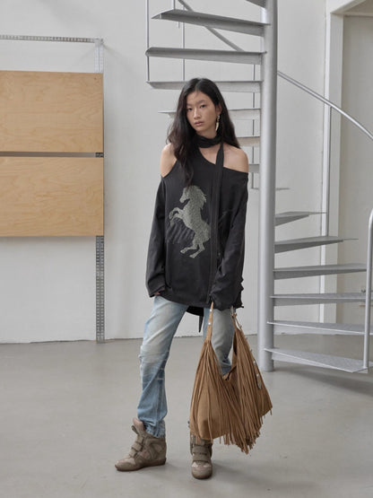 Suede Fringe Stud Tote