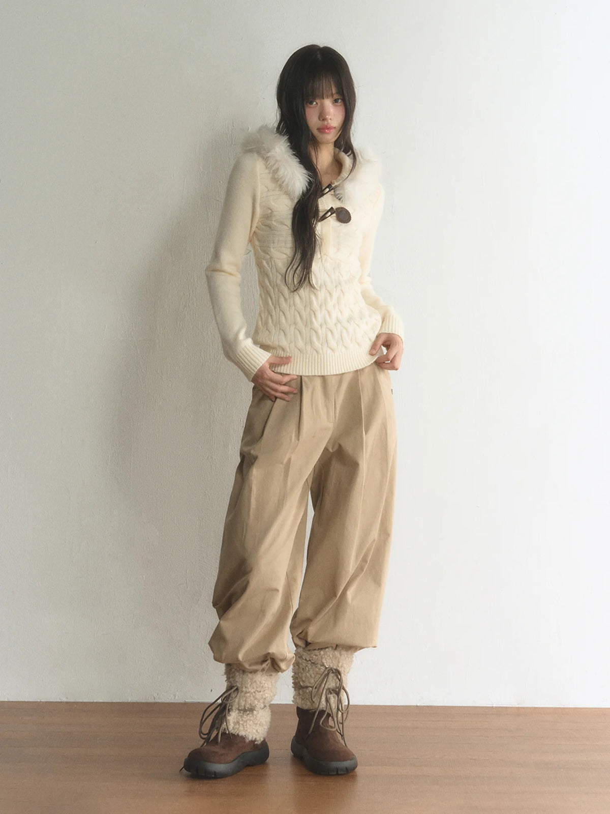 Fur-Trimmed Hooded Toggle Cable-Knit Sweater