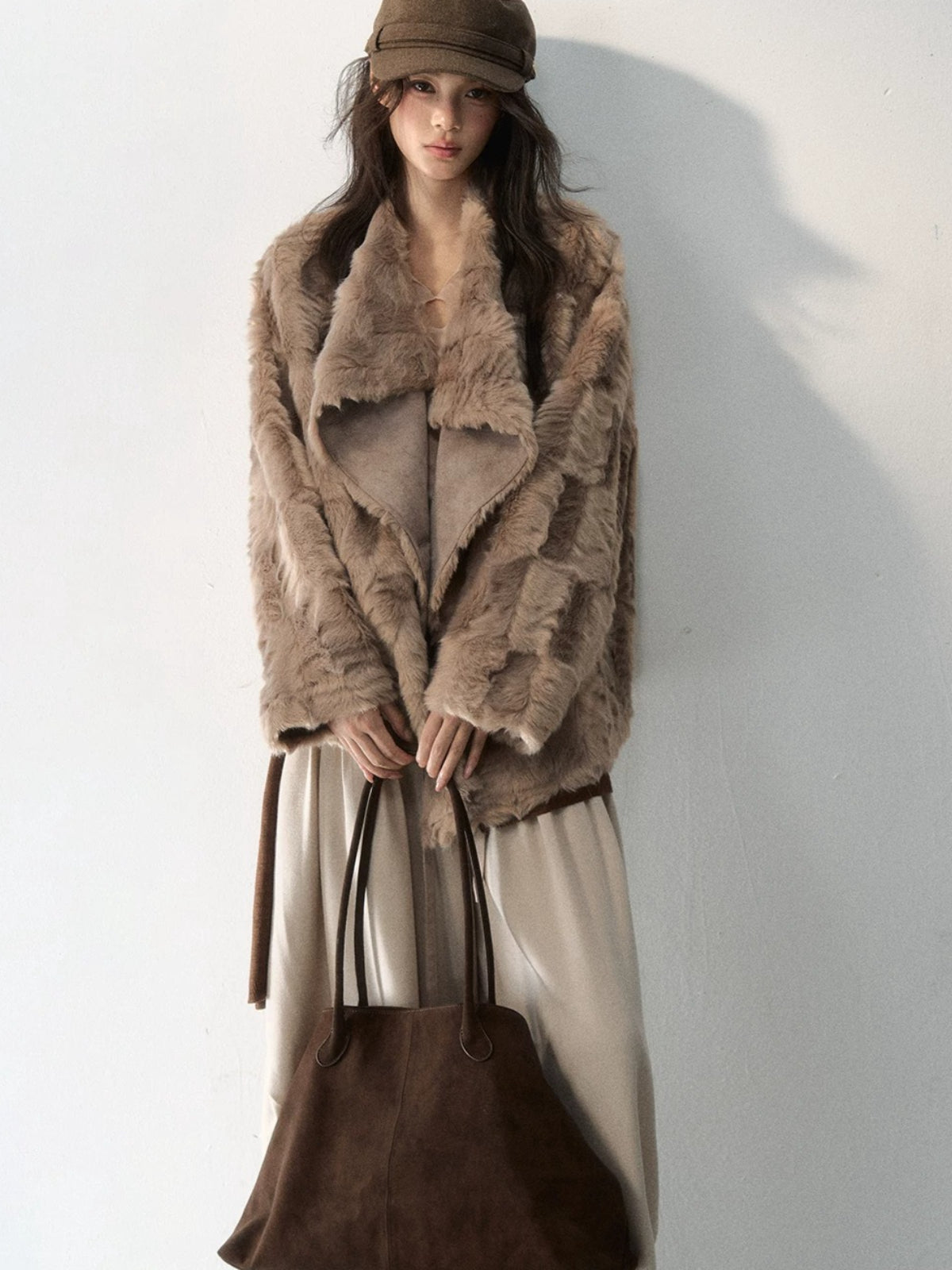 Asymmetric Collar Faux Fur Coat