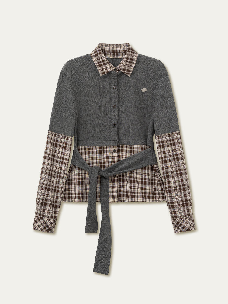 College Plaid Fake Two-piece Shirt