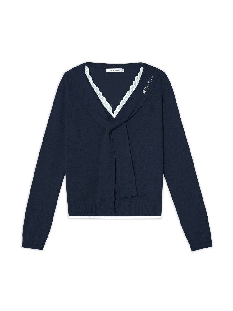Lace-Trim Tie Knit Blouse
