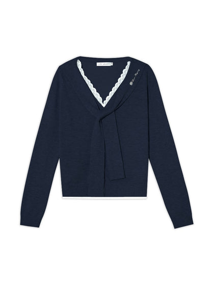 Lace-Trim Tie Knit Blouse