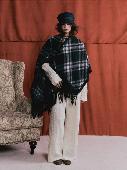 Retro Check Tassel Cape Scarf