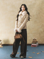 Khaki Faux Fur Collar Puffer Jacket